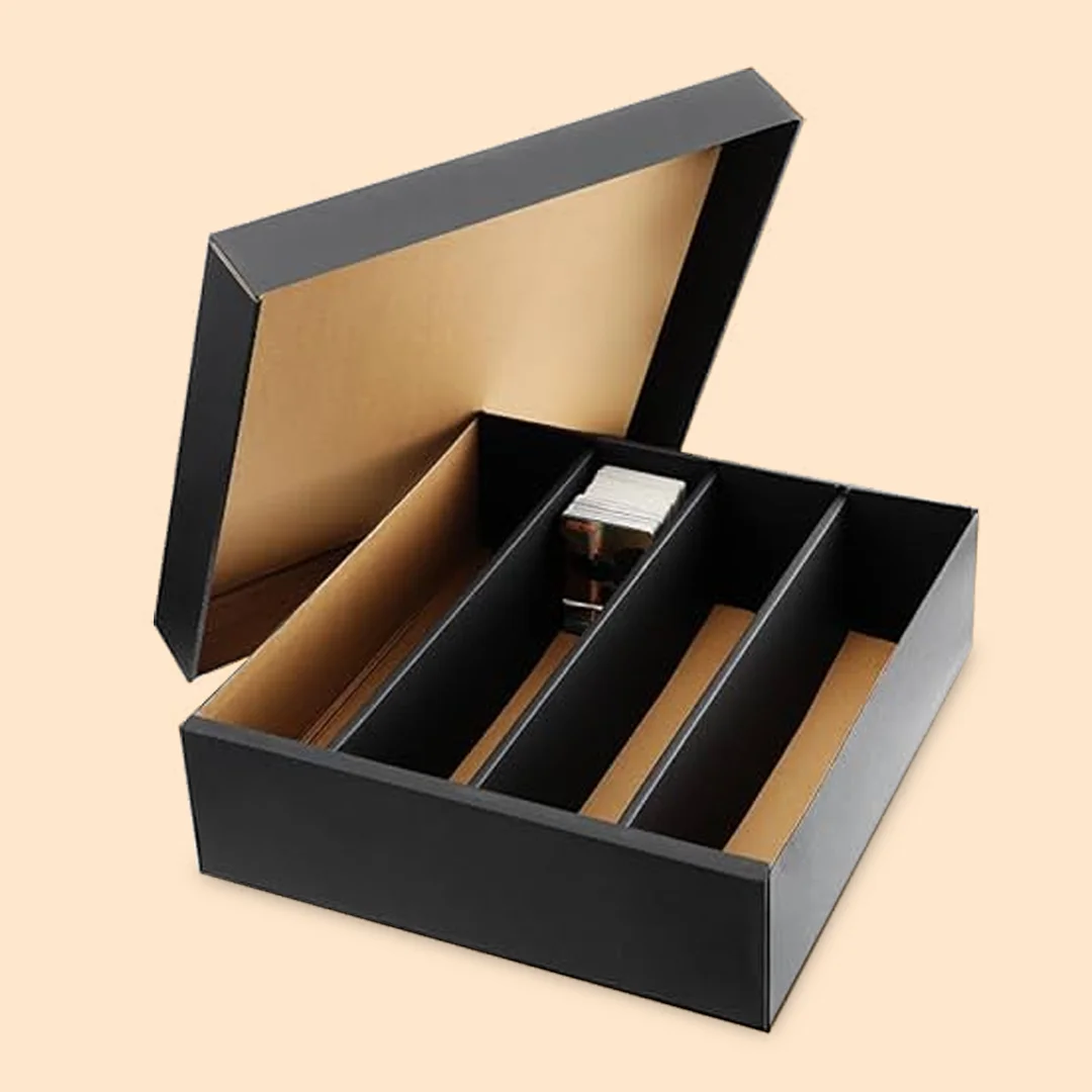 black cardboard trading card boxes